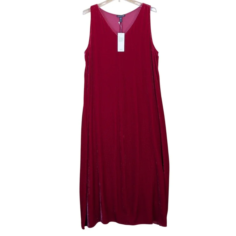Eileen Fisher Red Silk‎ Blend Velvet Maxi Dress Womens Large Feminine Romantic